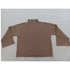 Karen Hart Tan Ribbed Mock Neck Sweater Large Bell Sleeve Drop Shoulder Boxy